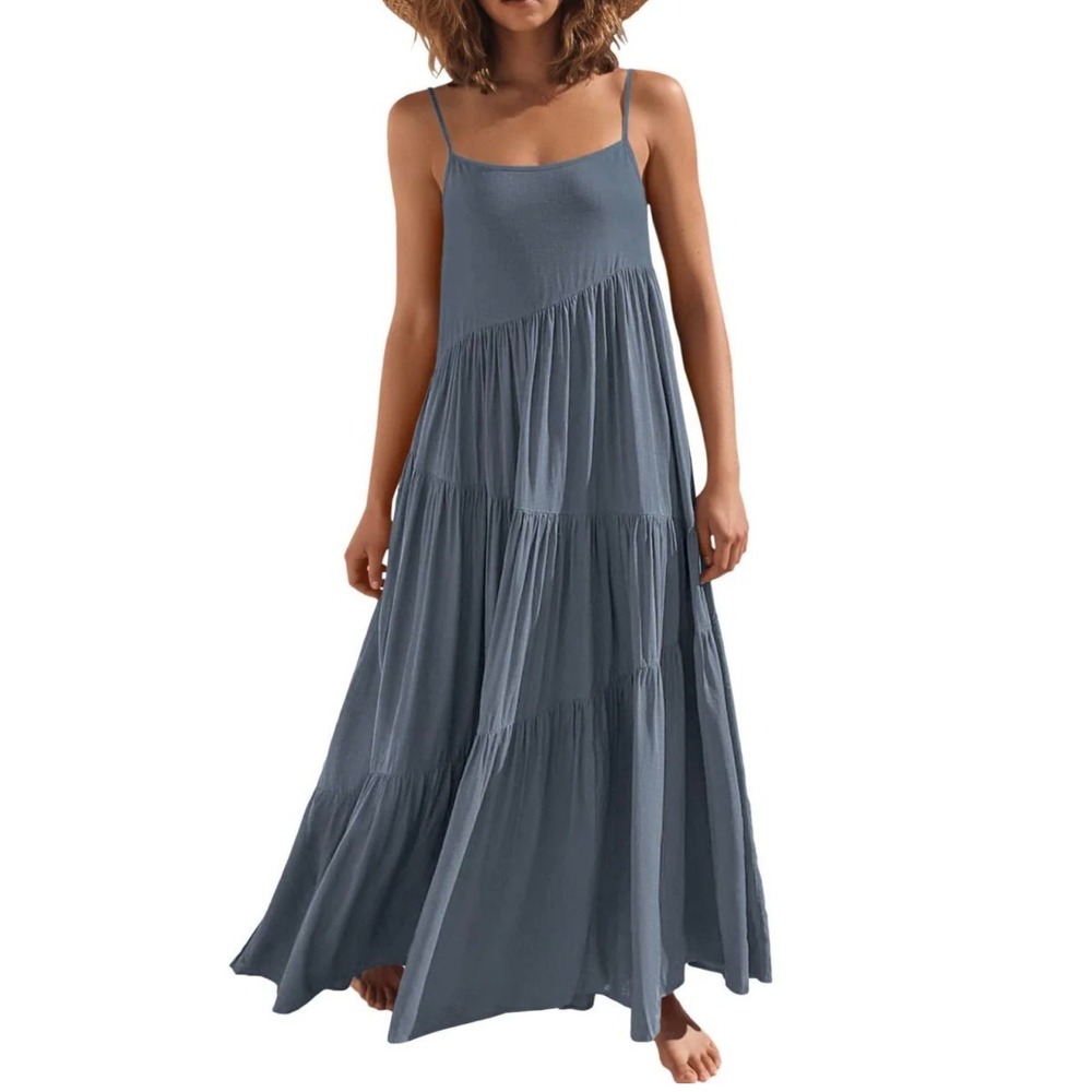 Anrabess Tiered‎ Midi Dress Womens Size S Blue Spaghetti Strap Flowy